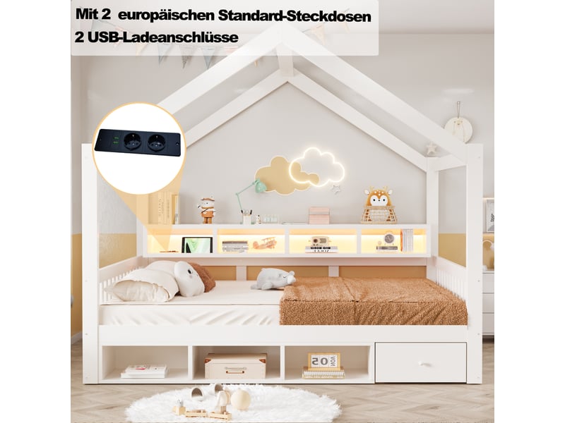  Lit cabane enfant 140x200 cm tiroirs de rangement éclairage led sommier à lattes prises intégrées bois et mdf blanc OPULERANE TRADING LTD - Conforama E