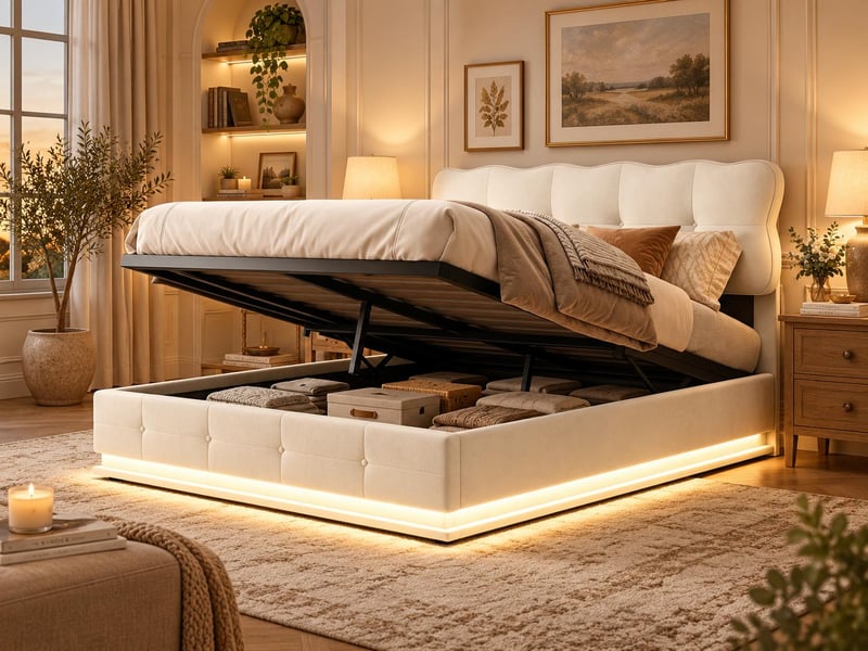  Lit coffre 160x200 cm - lit 2 places velours beige -avec led - sommier à lattes en bois  - Conforama B