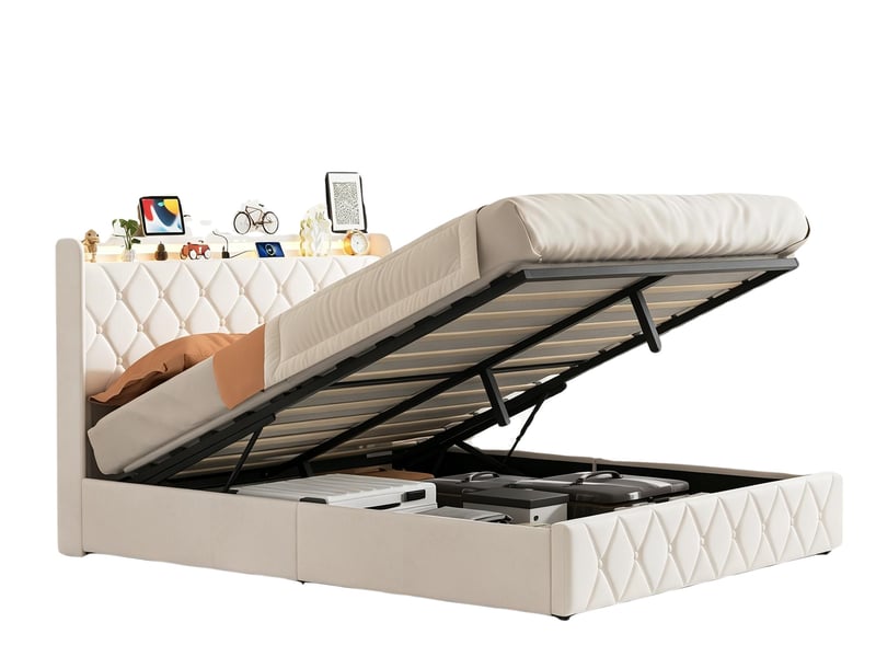  Lit double 140×200 cm  –  lit coffre – rangement hydraulique xxl – éclairage led rgb – port usbtype‑c  –  velours beige  - Conforama A