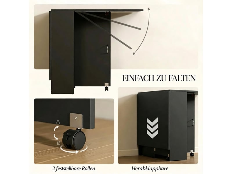 Table extensible avec plateau rabattable, rangement central et roulettes de frein pour salle à manger et cuisine - Conforama E