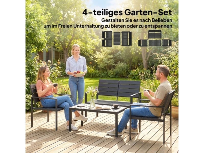  Salon de jardin 4 personnes noir, canapé 2 places, 2 fauteuils, table basse, design lattes, extérieur  - Conforama B