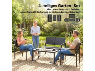 Salon de jardin 4 personnes noir, canapé 2 places, 2 fauteuils, table basse, design lattes, extérieur