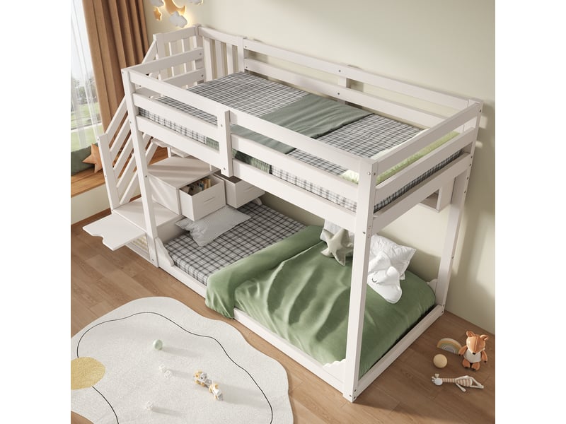 Lit superposé enfant 90x200 cm avec rangement, coffre et étagères, lit en bois blanc avec barrière de sécurité pour enfants - blanc (sans matelas) - Conforama D