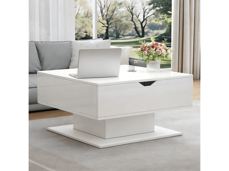  Table basse relevable 80x75x40cm, table de salon blanche avec rangement caché et led, finition brillante  - Conforama B