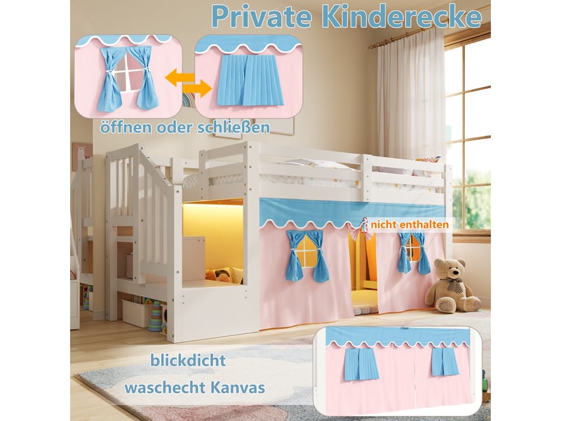  Lit mezzanine enfant 1 place 90×200 cm rideaux occultants et led réglable  - sans matelas, pin mdf blanc  - Conforama E