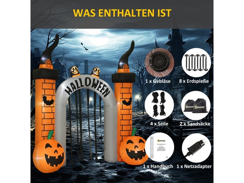 Château gonflable de halloween avec éclairage led, motif citrouille, polyester orange 325 × 105 × 322 cm  - Conforama E