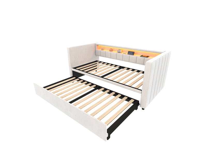 Canapé-lit convertible velours beige 90x190 cm avec led usb-c rangement multifonctionnel - Conforama D