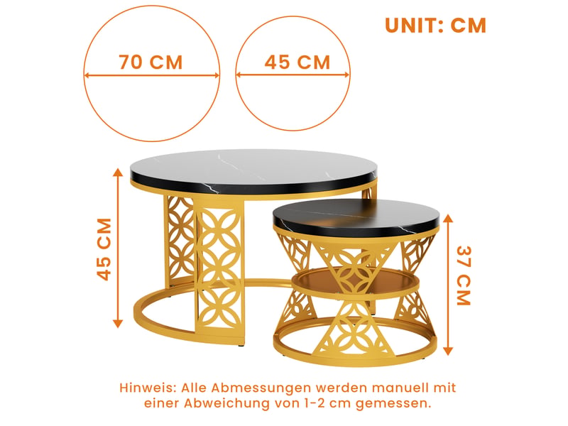  Table basse gigogne ronde 70x70x4545x45x37 cm, coloris noir et doré  - Conforama D