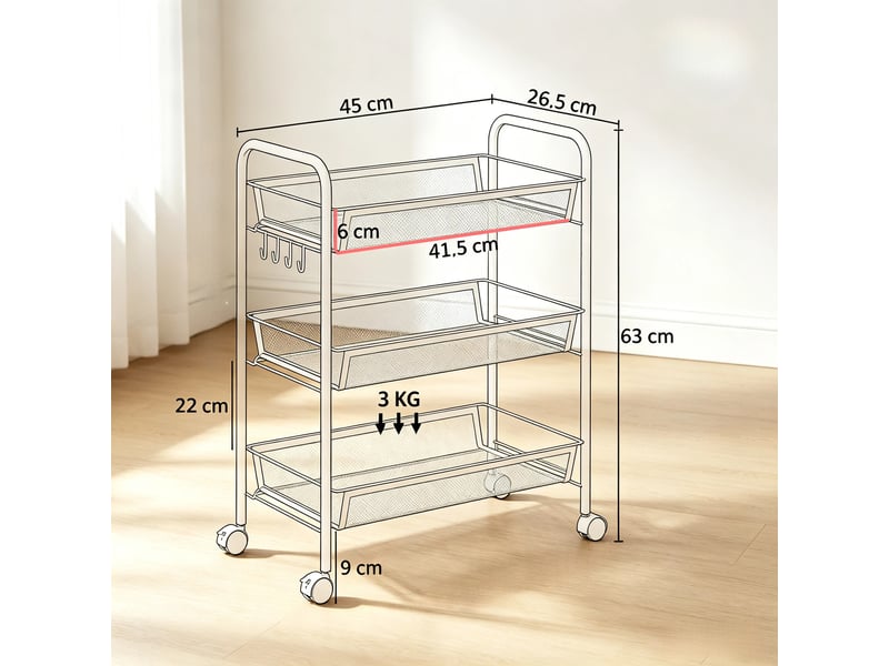 Desserte roulante 3 niveaux avec paniers, chariot de rangement cuisine mobile, blanc - Conforama C