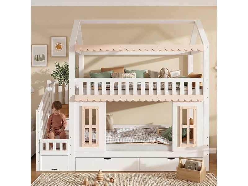 Lit superposé enfant 90x200 cm forme maison blanc et naturel avec rangements - Conforama D