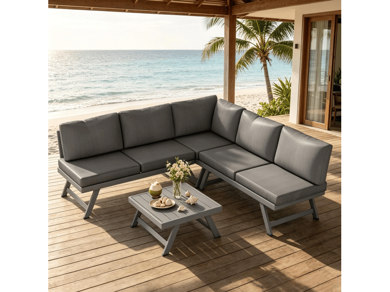  Salon de jardin d'angle 5 places gris en acier et aluminium, 4 pièces avec table basse et dossiers réglables  - Conforama B
