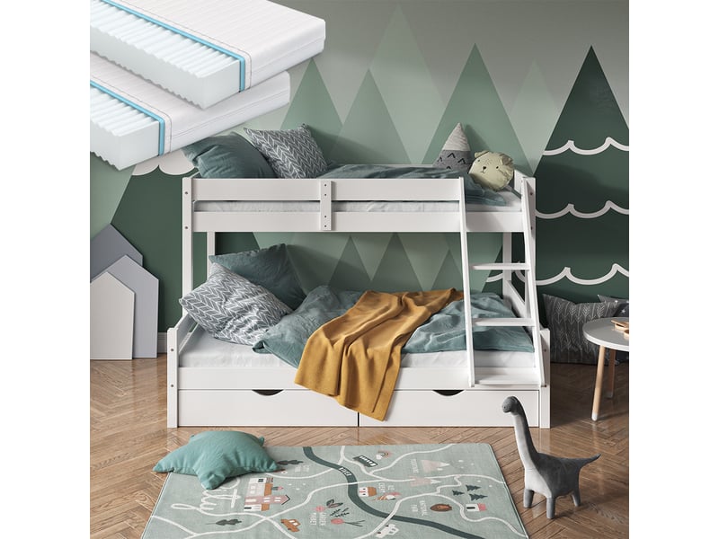 Vitalispa lit superposé, blanc, 120x200 80x200 cm avec 2 matelas et 2 tiroirs  - Conforama C