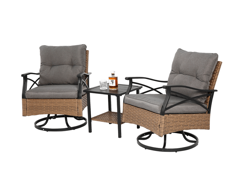  Salon de jardin 3 pièces avec 2 fauteuils pivotants 360° en résine tressée marron et table, coussins gris inclus  - Conforama A