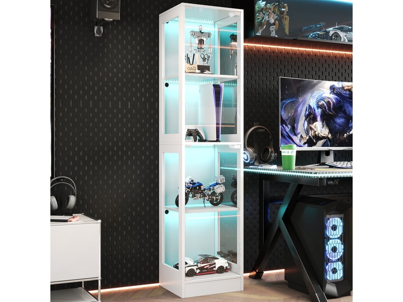 Vitrine led avec porte en verre, 4 niveaux, 40 x 35 x 170 cm, mdf blanc - Conforama B