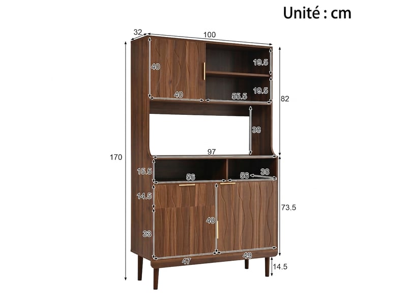 Buffet haut en noyer armoire de rangement avec tiroir et portes meuble de cuisine à étagères ouvertes - Conforama D