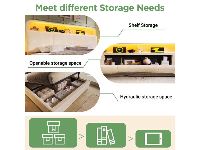  Lit coffre rembourré 160x200 cm, rangement hydraulique, tête de lit réglable, led 16 couleurs, 3 usb et 1 usb-c, velours - beige  - Conforama C