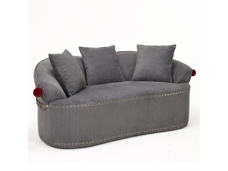  Canapé 2 places velours côtelé gris foncé 163x93x68 cm, forme arrondie, 3 coussins inclus  - Conforama A