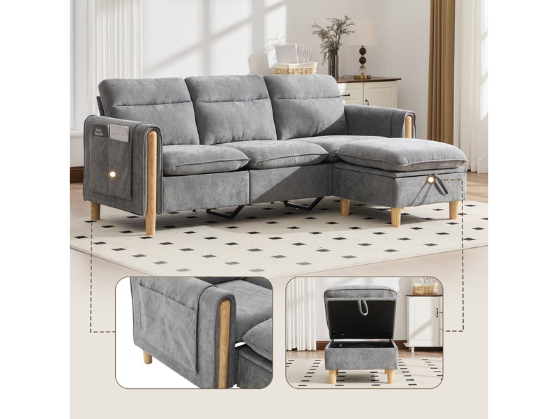  Canapé d'angle 3 places en tissu chenille gris, avec pouf à rangement, poches latérales, pieds en bois  - Conforama B