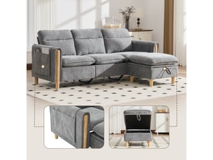 Canapé d'angle panoramique convertible <strong>SAPGAKS</strong> <strong></strong> 3 places Velours côtelé gris avec coffre de rangement