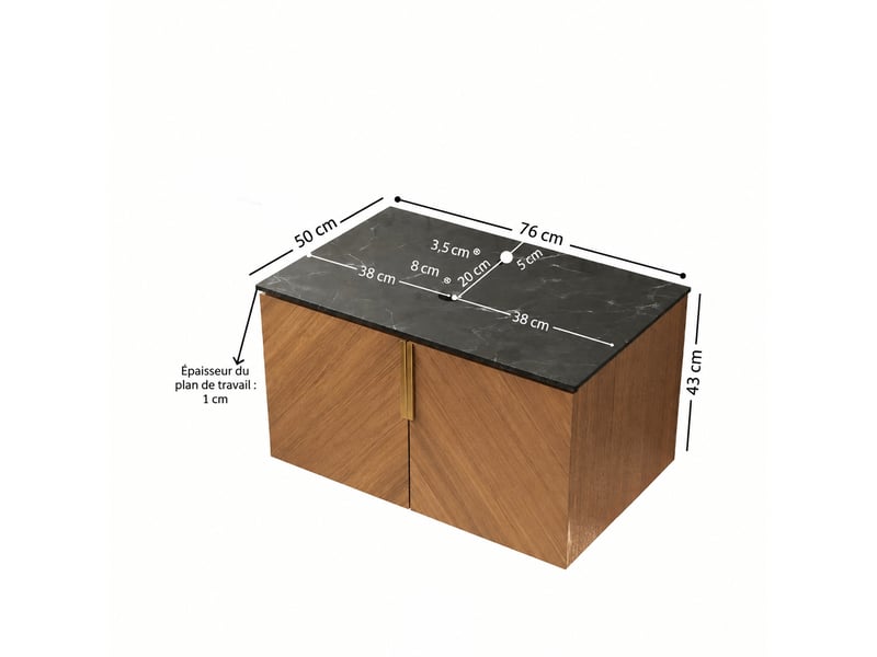 Meuble vasque 76 cm effet chêne brun avec plan de toilette en pierre frittée noire  - Conforama C