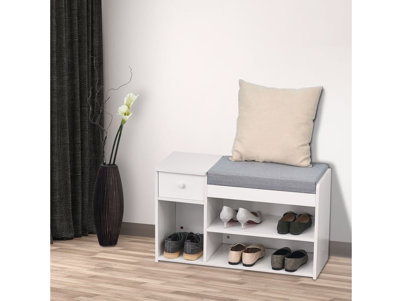  Banc à chaussures avec coussin, tiroir et 3 compartiments ouverts en bois, 81 x 31,5 x 49 cm, blanc  - Conforama D