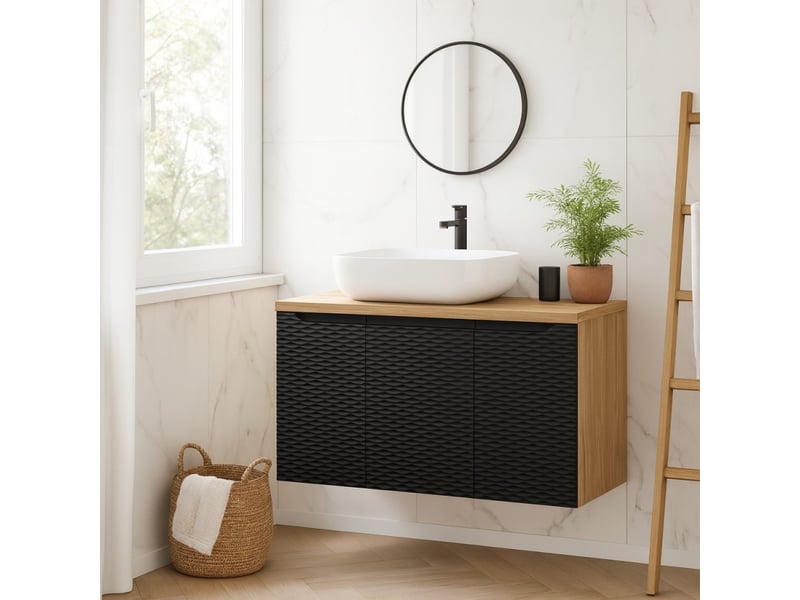  Ensemble de salle de bain yoka noir : meubles sous vasque à placard 90cm + plan pour vasque + vasque à poser  - Conforama B