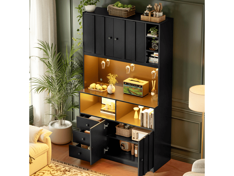 Buffet de cuisine en mdf 100x40x180 cm, 3 porte-verres, range-bouteilles, led et prises usb pour séjour et salle à manger - Conforama E