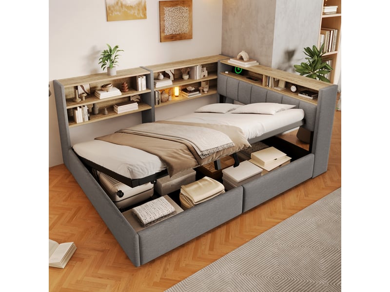 Lit banquette coffre rembourré 140x200 cm, rangement hydraulique, meuble latéral réversible, led rgb, ports usb-a et usb-c, velours gris Radiant Stride - Conforama D