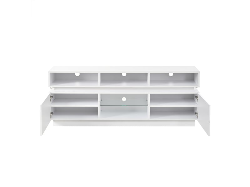  Meuble tv 160 cm blanc, led, finition brillante, verre trempé et 10 espaces de rangement Fay Lum - Conforama D