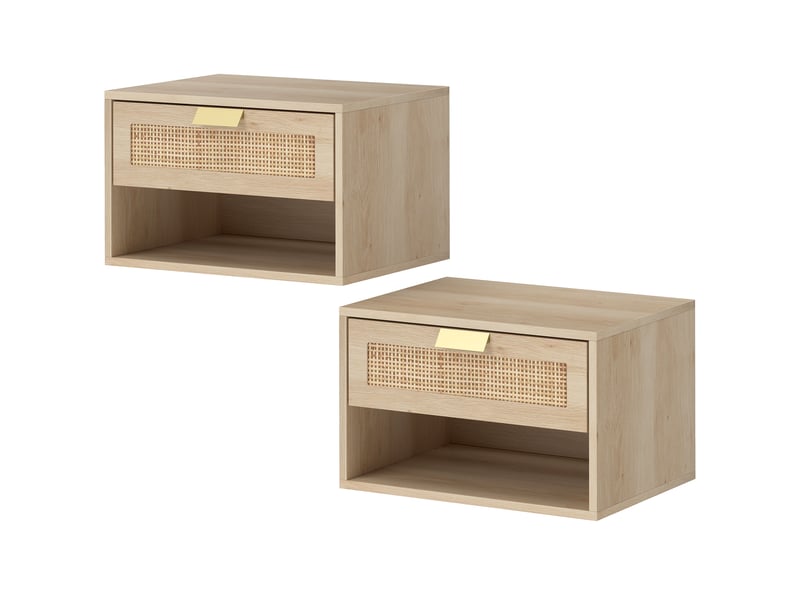  Ensemble de 2 tables de chevet suspendues avec tiroir en rotin, étagère ouverte, gain de place, 40 x 30 x 25 cm, chêne  - Conforama B