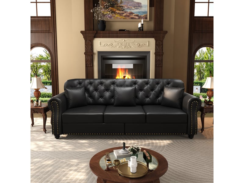  Canapé d'angle ,3 places, avec tabouret simple mobile,décoration tête de clou , 210 × 86×76cm,noir  - Conforama D