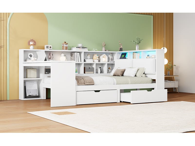  Lit banquette l 140x200 cm - avec bureau et led intégrée, tiroirs et étagères, lin, mdf, contreplaqué, blanc  - Conforama D