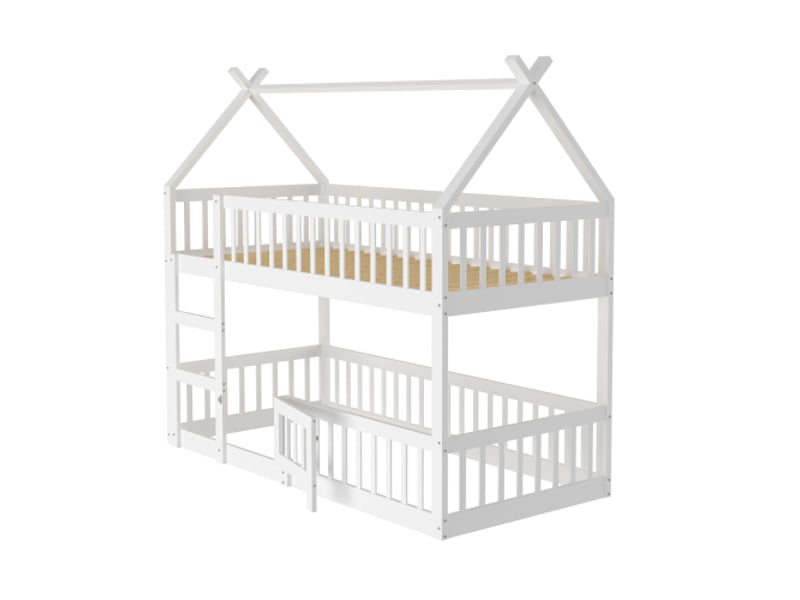  Lit superposé enfant 90x200, lit mezzanine avec escalier, cadre de lit superposé en bois, sans matelas, blanc  - Conforama A