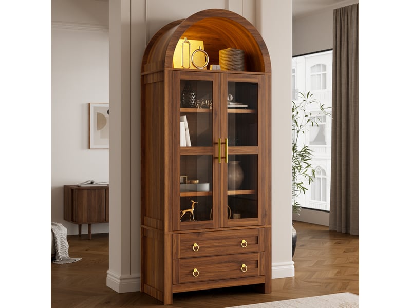  Buffet avec led 76x40x180 cm, 2 portes en verre trempé et 2 tiroirs, style rétro, mdf et panneau de particules, marron  - Conforama D
