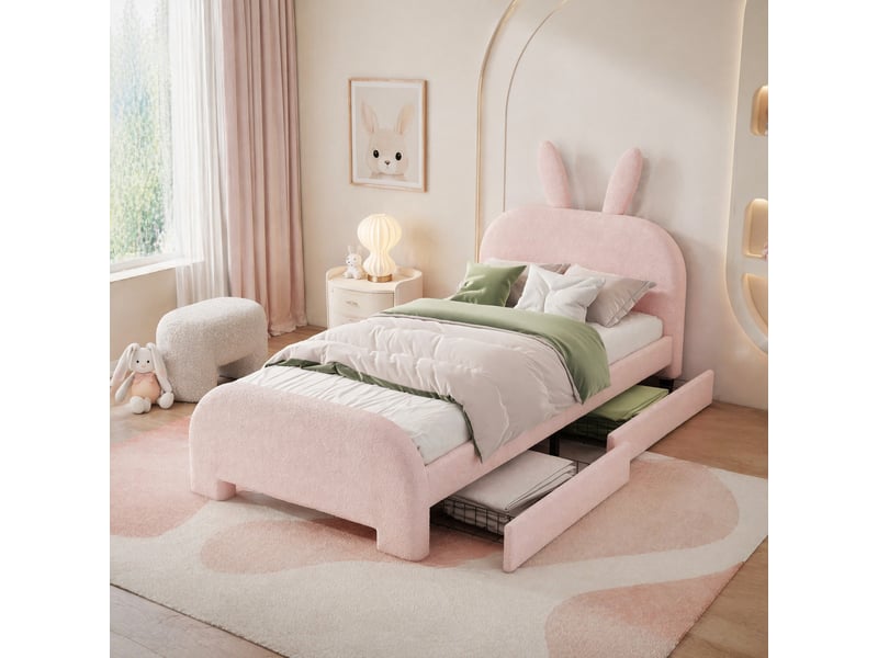  Lit enfant 90x200 cm rose à tête de lit lapin avec 2 tiroirs  - Conforama C