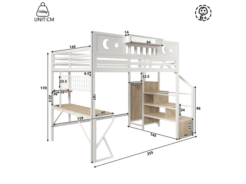  Lit mezzanine 140x200 cm coloris blanc avec bureau intégré, lit superposé enfant avec usb et led, sans matelas  - Conforama D