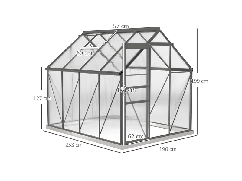  Serre en polycarbonate et aluminium avec fenêtre ouvrante et porte coulissante, 190 x 253 x 199 cm, gris foncé  - Conforama E