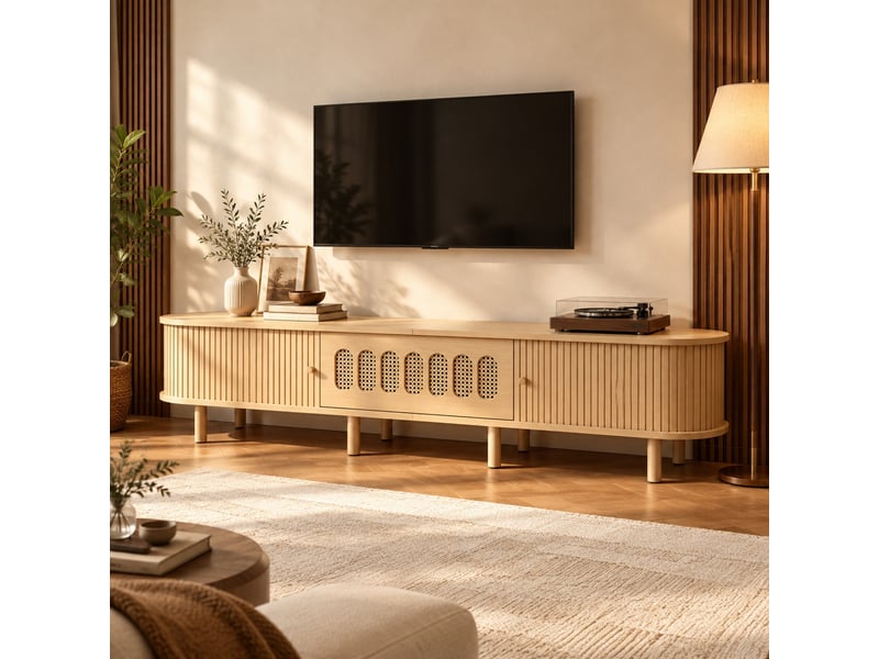  Meuble tv 180x40x40 cm portes à rideau mdf naturel  - Conforama B