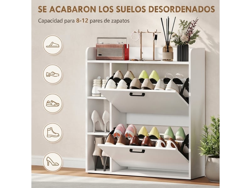  Meuble à chaussures étroit à 2 portes, 3 étagères latérales et étagères réglables pour 15 paires de chaussures, blanc  - Conforama E