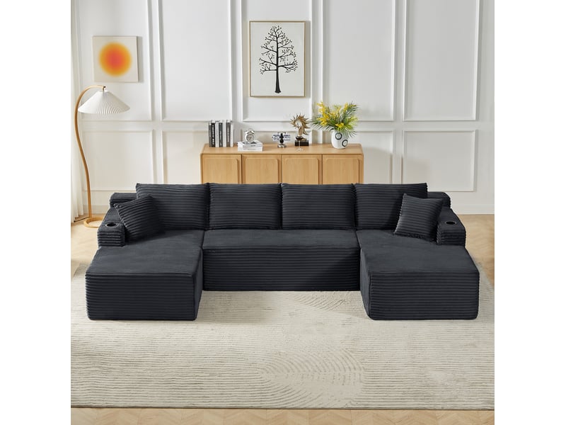 Canapé d'angle 4 places en u canapé modulable canapé compressé en velours côtelé avec porte-gobelets poches latérales, gris - Conforama E