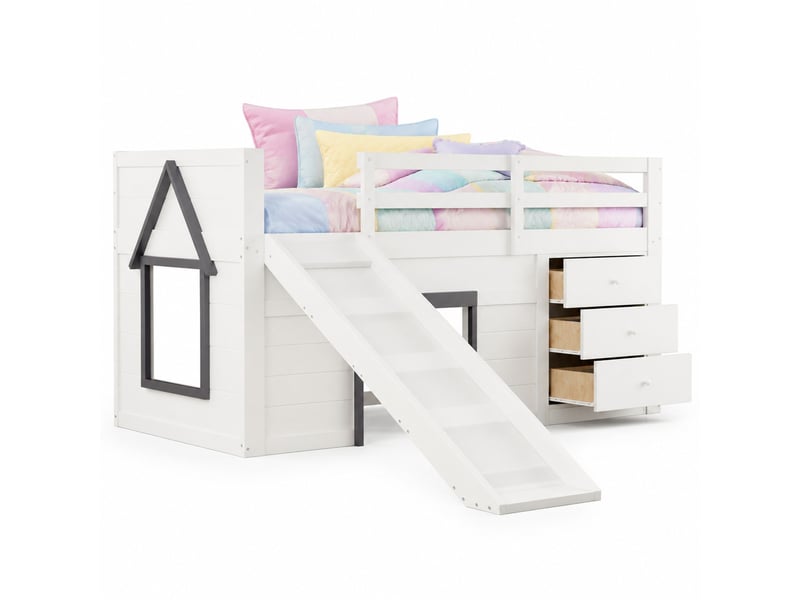  Lit mezzanine bas enfant 200×90 cm avec toboggan, 3 tiroirs et 2 portes, en pin et mdf crème  - Conforama A