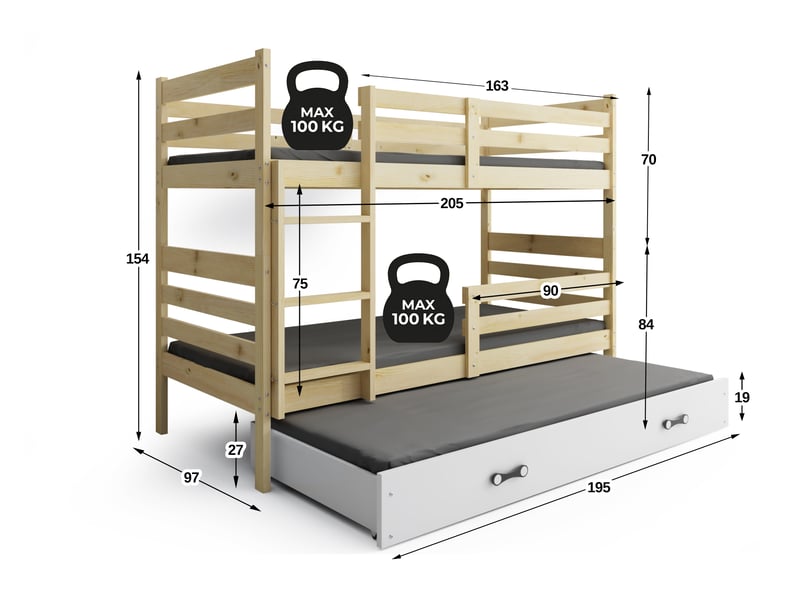  Lit superposé 3 places eric 90x200 cm + lit tiroir 80x190 cm interbeds - bois massif de pin - pin naturel  - Conforama C