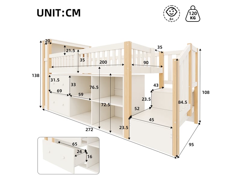  Lit mezzanine 90x200cm - lit enfant en bois avec escalier de rangement, led rgb, prises usb, 2 tiroirs &amp; étagères - bois naturel  - Conforama E