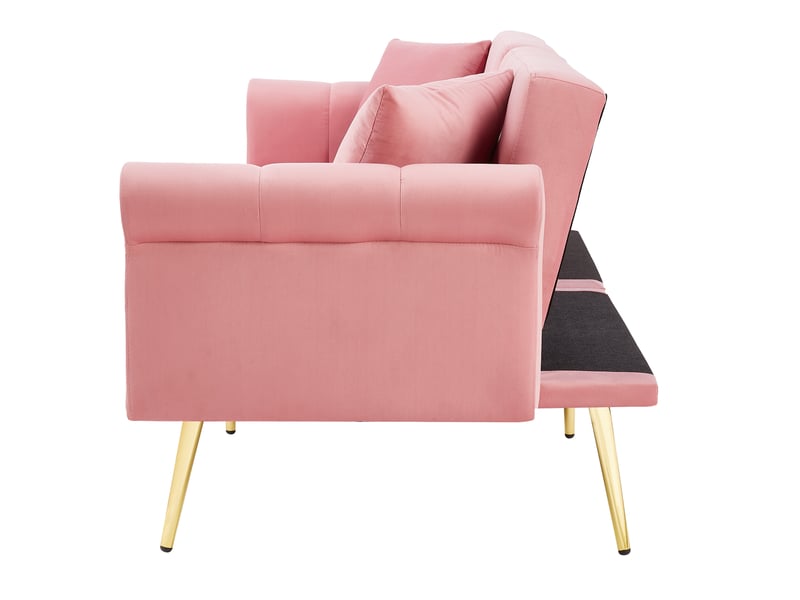 Canapé convertible 2 places en velours rose, dossier réglable sur 3 positions, couchage 147 x 85 cm, pieds métal doré - Conforama D