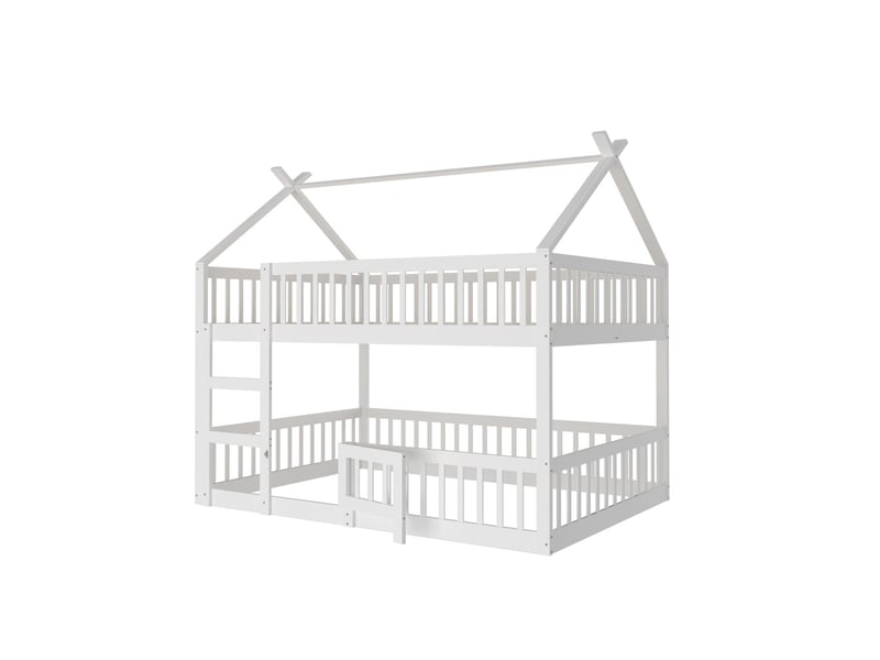  Lit superposé enfant 140x200cm - design cabane - lit superposé - cadre bois massif, escalier sécurisé, petite porte, blanc  - Conforama D