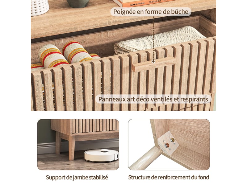  Commode 6 tiroirs - 100x34x73cm - avec design lattes verticales - buffet rangement style moderne scandinave - en bois  - Conforama D