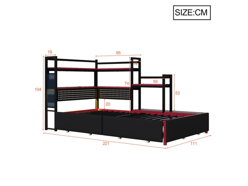 Lit simple 90x200 cm en métal avec 3 tiroirs, étagères, led et usb, noir - Conforama E