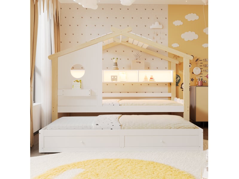  Lit enfant maison 90x200cm lit gigogne 90x190cm, 2 tiroirs, led, charge, style moderne, bois, blanc+naturel sans matelas  - Conforama B
