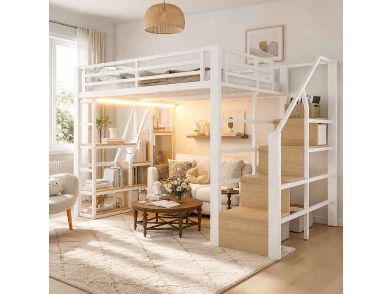  Lit mezzanine enfant 140 x 200 cm blanc avec rangement, escalier et ruban led  - Conforama D