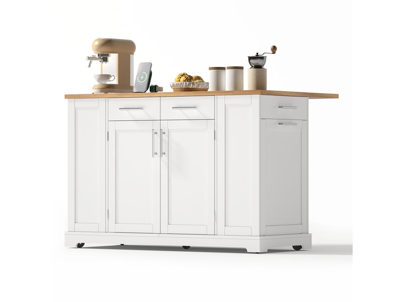  Îlot de cuisine armoire buffet chariot coulissant roulettes deux côtés étagère épices deux portes deux tiroirs blanc et bois  - Conforama A